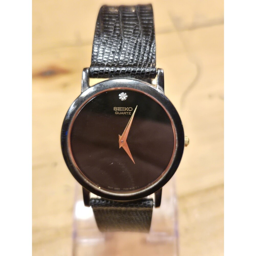 Seiko 34mm Black Men's Watch, Gold Trim 7N00-8A49. Lizard Band. New Battery.